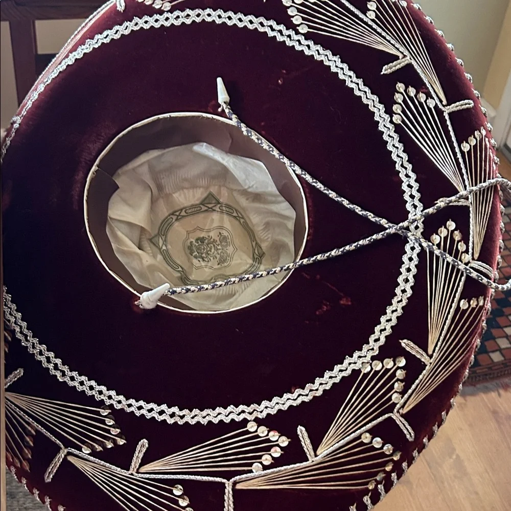 VTG Velvet Burgundy Mariachi Sombrero Hat Silver Sequins Lucky Horseshoe